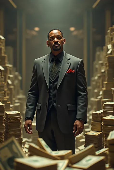 Will Smith, victorious but visibly worn, standing amidst piles of money, with a mix of triumph and exhaustion on his face."