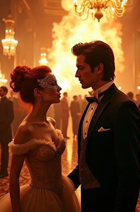 While everyone is dancing at the ball, a fire suddenly starts and everyone, especially the red-haired princess wearing a mask and the dark-haired and handsome prince, look around in fear. 