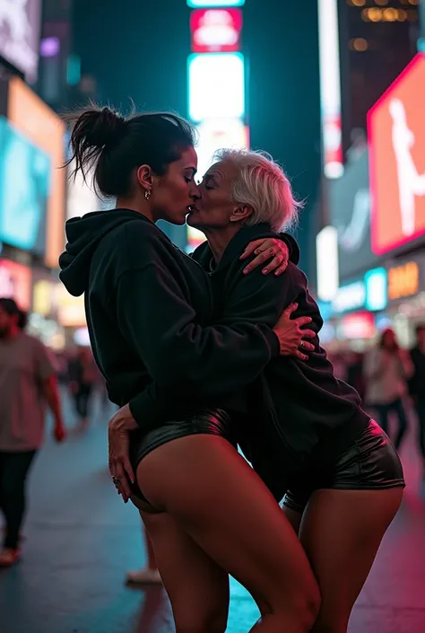 black woman hair in a bun black hoodie black leather short shorts bent over and old woman humping her bump time square new york city