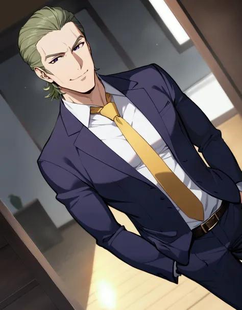 1man, mature father in hentai anime style, dandy president, moss olive hair, darkblue eyes, arafed businessman hairstyle, spiky hair slicked back, ideal ratio body proportions, BREAK over 40s, elder producer, toned dilettante, ordinary, high cheekbones, br...