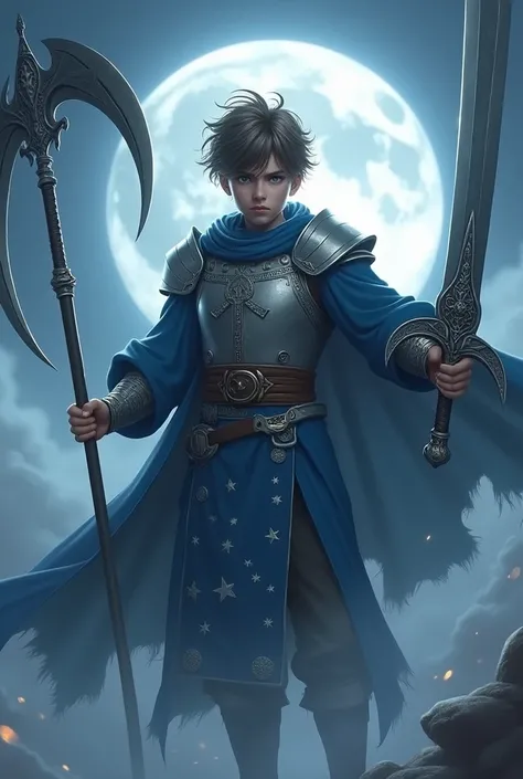 A Handsome Boy Age 17 Wear a silver Armor Sixpack,use A Long Blue Robe with Star and Moon Pattern,Messy Hair Hairstyle,Brown gradient Grey Hair,Carrying a Big Death Scythe And Big Curved Sword with moon Ornament,Flying at The sky,Illuminated by the moonlig...