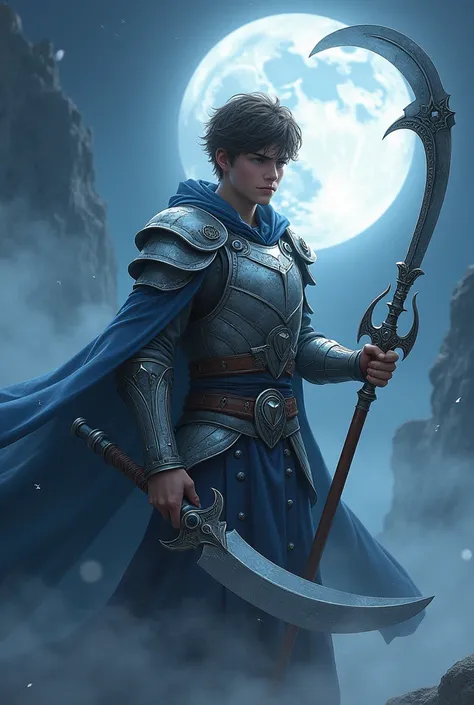 A Handsome Boy Age 17 Wear a silver Armor Sixpack,use A Long Blue Robe with Star and Moon Pattern,Messy Hair Hairstyle,Brown gradient Grey Hair,Carrying a Big Death Scythe And Big Curved Sword with moon Ornament,Flying at The sky,Illuminated by the moonlig...