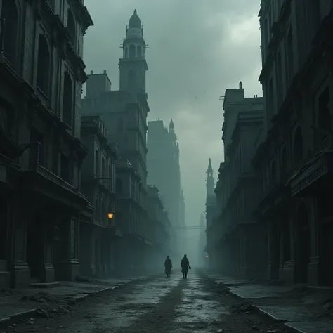 The dread city of Carcosa, street-level view. The ancient, abandoned buildings are cyclopean structures of black stone. In the gray sky above shine black stars.