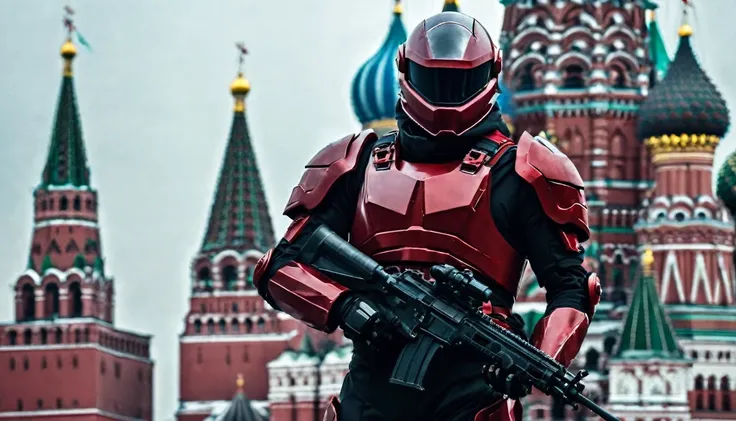 A soldier in futuristic dark red armor against the backdrop of the Kremlin