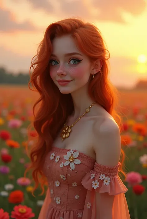  white with some freckles,long wavy red hair, with bangs, dark blue eyes with long eyelashes, Grinning, body skinny, with long dress, wearing black heels, wearing a gold bracelet, with a golden flower necklace, in a field of flowers at sunset