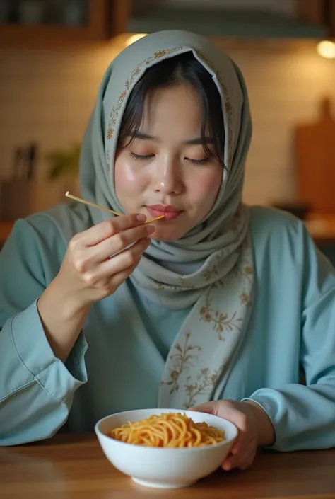 (photorealism:1.2), a beautifull young Indonesian woman, slightly fat body, wearing a light blue shirt, hijab with motifs, is sitting looking at a bowl of instant noodles on the table in front of her. Close up photo, top, aesthetic kitchen background, indo...