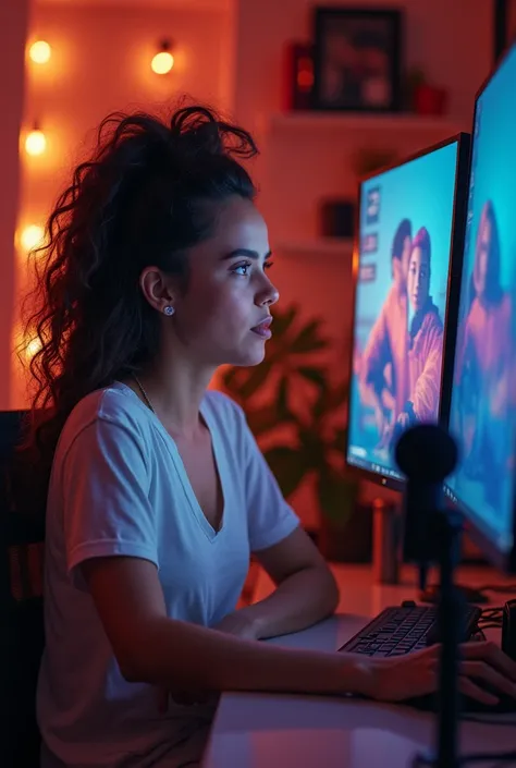 Profile of a woman streaming in front of a computer
