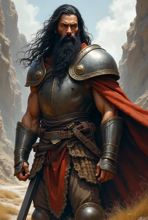 Create a painting of a young medieval warrior with a long beard and long black hair, strong and muscular and serious 