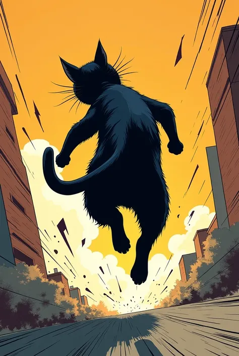 The back of a black cat jumping away，fear，Comic Style