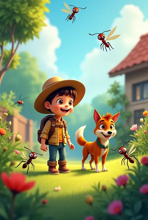 In the backyard, a kid boy with lupe, ants, Explorer, happy, cartoon, high definition 