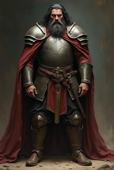 Create a painting of an old medieval warrior with a long beard and long black hair strong and muscular and serious 