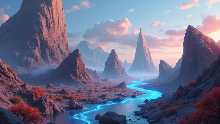 Close up of a blue stream flowing through a rocky area with peaks,(Some rocks have strange shapes),In the afterglow of the setting sun,Looks particularly spectacular,气势磅礴 The art of math by Juan Giménez, tumblr, The art of math, river of Blue flame, Blue f...