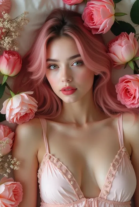 A young mexican latina woman, eye dreamy beauty in her twenties. Pale, beautiful skin, cherry lips, she is lying amongst many colorful flowers and looking at us with very beautiful eyes. Her hair is pink and shoulders length, pink hair, pink hair. She is w...