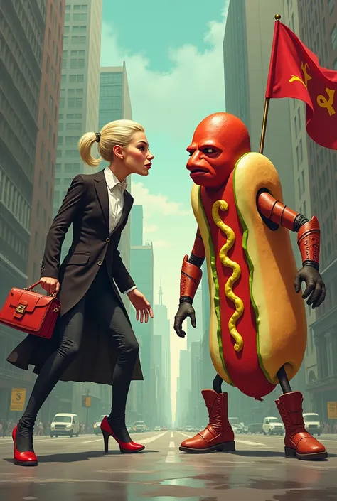 Burgeois transgender Hamburger fighting against communist hot dog with avocado