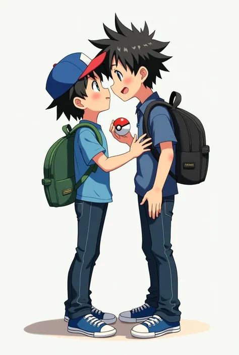 A  boy with a blue shirt, a dark green backpack, dark blue jeans, blue sneakers, straight messy black hair, black eyes, white skin, straight messy black hair, a blue cap and holds a pokeball in one hand and is anime kissing Gojo Satoru
