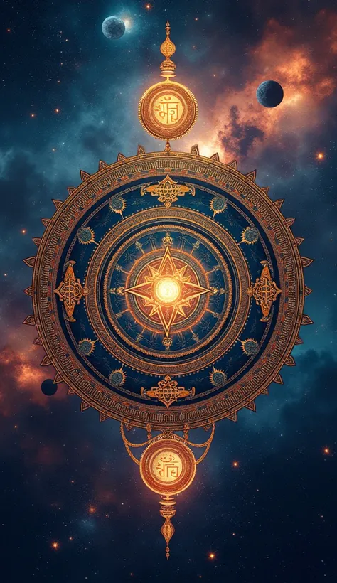 Aesthetic High definition 4k wallpaper based on colorful, detailed and elaborated illustrated ambigram of hindu swastik symbols in Indian style and circular mandala form with an astounding prolific extraterrestrial background