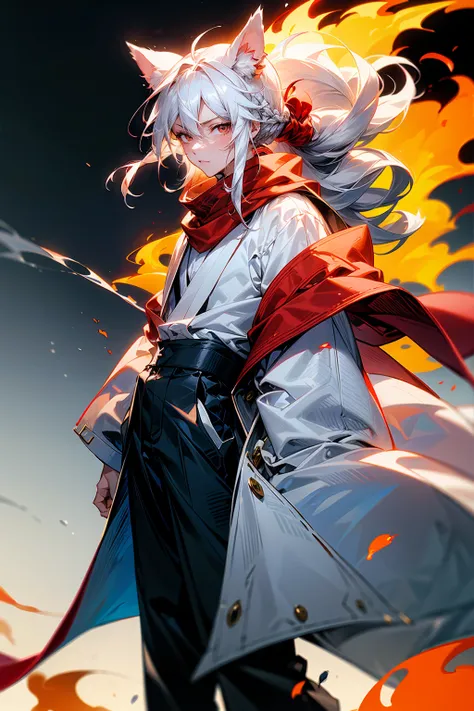 1male, Adult, Long White Hair, White Baggy Long Sleeve Shirt, Baggy Black Pants, Red Eyes, Red Scarf, Earring, Masculine, Surrounded By Flames, Single Hair Braid, Standing On Path, Dog Ears