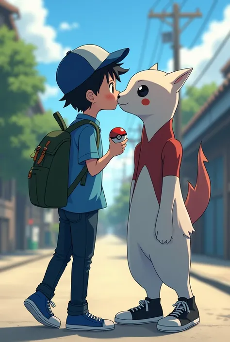 A  boy with a blue shirt, a dark green backpack, dark blue jeans, blue tennis shoes, straight messy black hair, black eyes, white skin, straight messy black hair, a blue cap and he holds a pokeball in one hand and is from anime kissing Gojo from Jujutsu Ka...