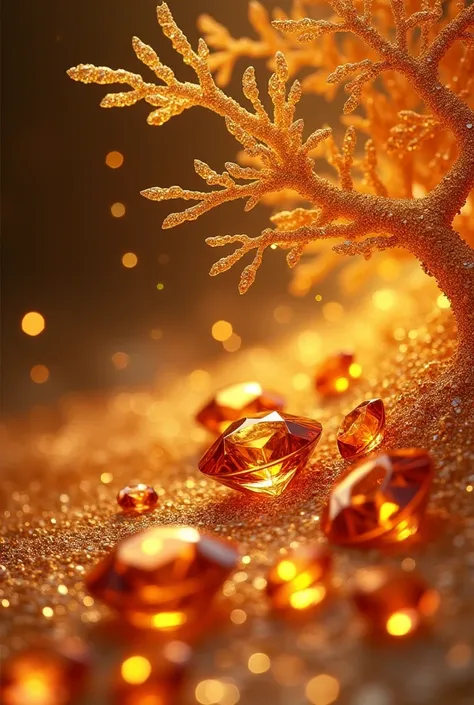 Fire colored dimonds designed like a wave of water on top a golden tree with dimond leaves 