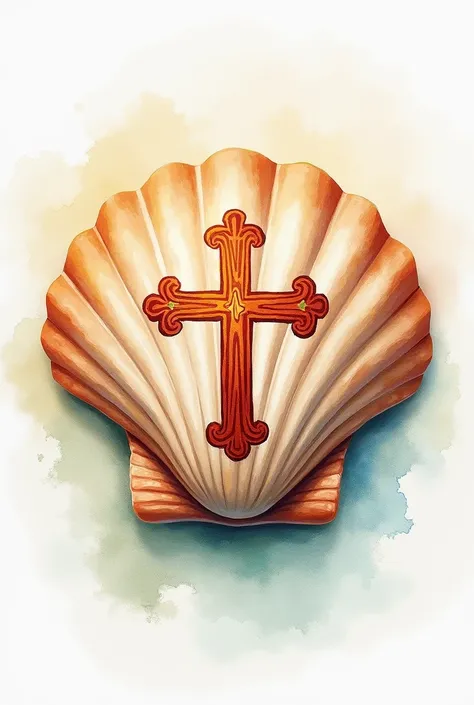 Scallop shell painted with the Franciscan Order logo. in watercolor style