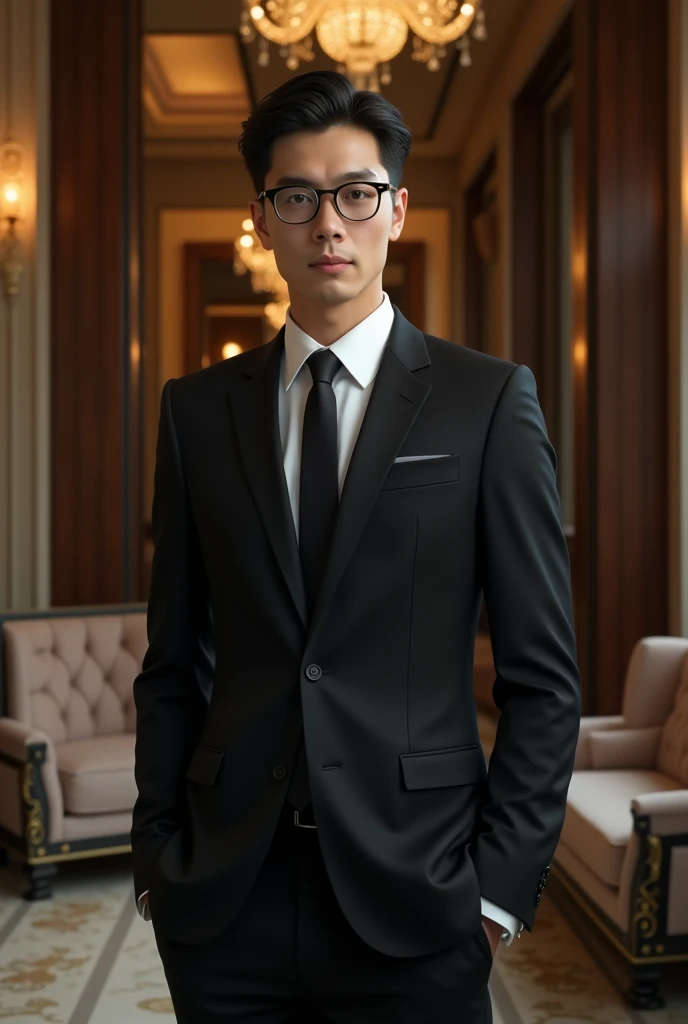 Black suit glasses Japanese businessman in his 20s background is rich