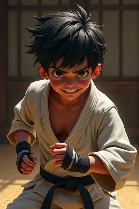 boy, Bblack hair, jiu jitsu fighter, Grinning