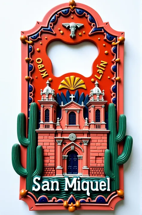 Create a Mexican bottle opener that horizontally contains the word San Miguel and the church of San Miguel de Allende, design in low relief to be able to paint in bright colors 