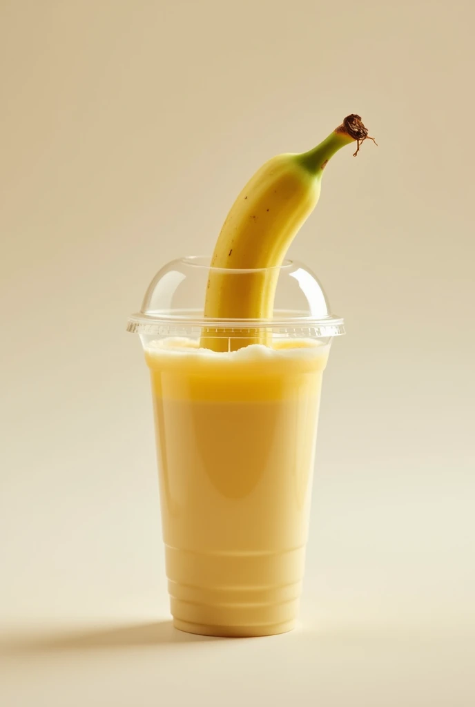 Generate an image of a transparent disposable cup with cream and the banana inserted inside the cup that looks very provocative
