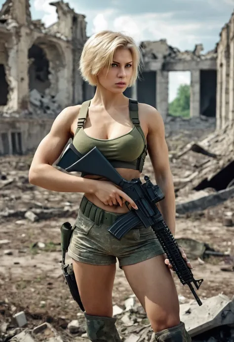 Russian, blond short hair, beautiful military girl in a ruined battlefield with male soldiers,, in bra and shorts, with a big breast, muscular abs and arms and legs, ready to fight with a gun, full body