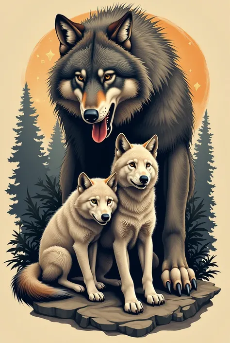 a tattoo of a she-wolf protecting her two cubs