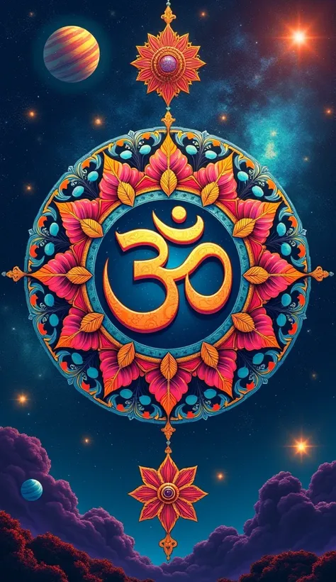 Aesthetic High definition 4k wallpaper based on colorful, detailed and elaborated illustrated ambigram of om and swastik symbols combined in Indian style and circular floral mandala form with an astounding prolific extraterrestrial background