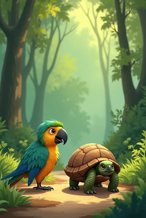 Once upon a time, there was a little tortoise named Chikki living in a forest. Chikki was very slow, but she never lost her courage. One day, a parrot named Chintu noticed how slowly Chikki was moving and started to make fun of her.

"Chikki, do you know h...