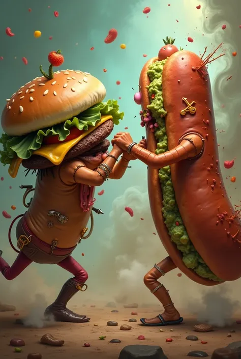 Transexual Hamburger fighting against communist hot dog stuffed with guacamole 