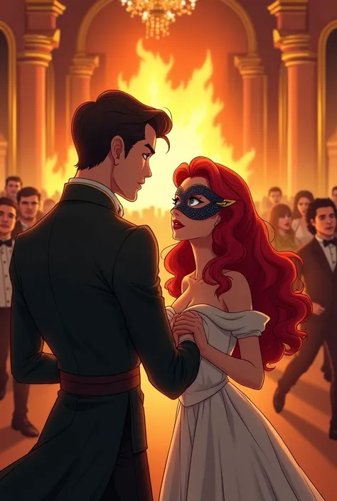 While everyone is dancing at the ball, a fire suddenly starts. Everyone, especially the red-haired princess with a mask and the dark-haired and handsome prince, looks around in fear and they are very scared, very scared and surprised. EVERYONE IS IN A RUSH...