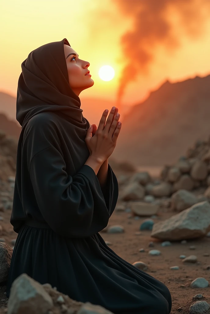 (photorealism:1.2), (epic realism), HDR fokus, photo closeup(detailed blue eyes) of beautiful moslem woman,  bows in the ground prays to the god she is on the rocks, some of the rocks exploded, smokes, sunset lights