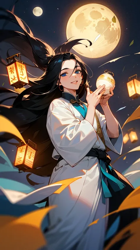 1 tall young man, long black hair, bangs, golden guan, traditional Chinese hairstyle, China, blue eyes, gentle gaze, white skin, high forehead, straight nose, plump lips, smile, long hair, floating in the air, silver hanfu, holding a lantern, Chinese lante...