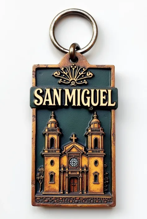 Create a bottle opener in the shape of a horizontal keychain that horizontally contains the word San Miguel and the church of San Miguel de Allende Mexico, design in low relief to be able to paint in bright colors 