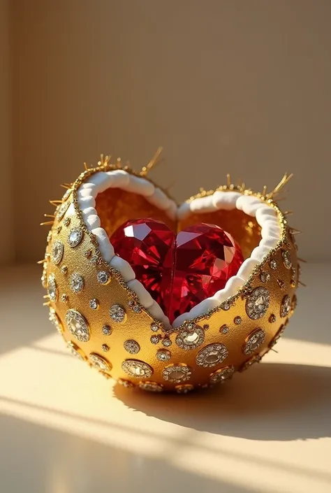 Coconut designed gold with diamonds, inside it, a broken red diamond heart