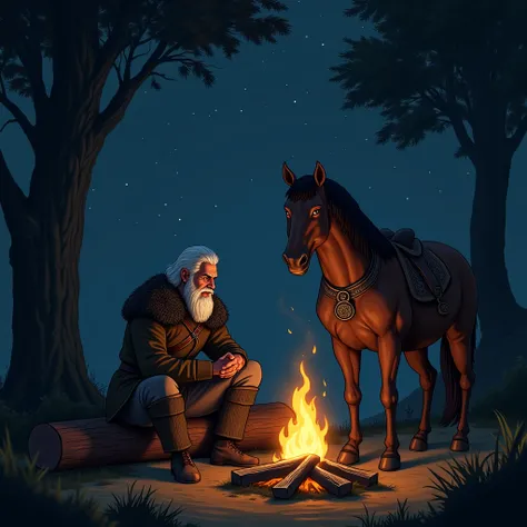 The witcher Geralt and roach sit by the fire at night and laugh