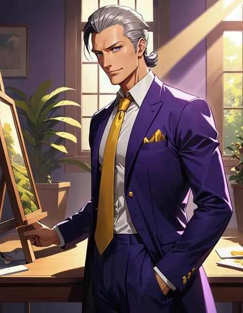 1man, (mature father in hentai anime style, dandy president, moss olive hair), darkblue eyes, arafed businessman hairstyle, spiked hair slicked back, ideal ratio body proportions, BREAK (over 40s, elder producer, toned dilettante, ordinary, high cheekbones...