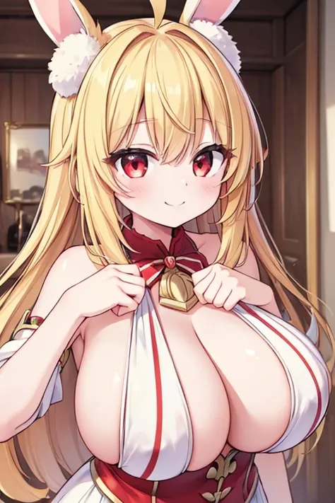 ((Highest quality, 8k, masterpiece :1.3)), One person,Ahoge, Shortcuts, smile, Close your mouth,Clasp your hands in front of your chest.,Huge breasts,Red eyes, Bunny ears, Blonde, 