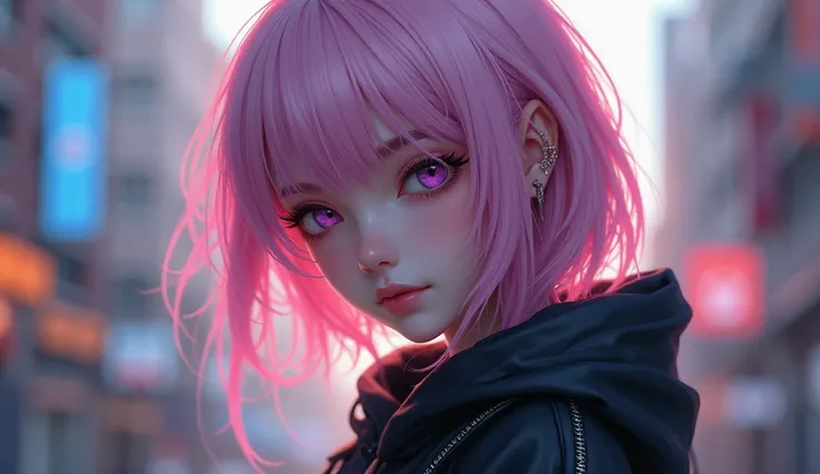 (masterpiece, best quality), intricate details, exquisite, ((thin)), beautiful girl, light pink hair, white skin, light purple eyes, sharp contours, short jacket, messy hair, lips, upper body, close-up, smirk (full view from top to bottom of the human body...