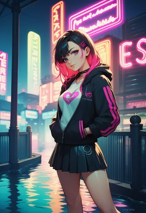 Sexy woman anime style,  neon lights over water, wearing a hoodie, with a skirt, standing on a bridge, neon colors in the sky, colors looked to be painted 