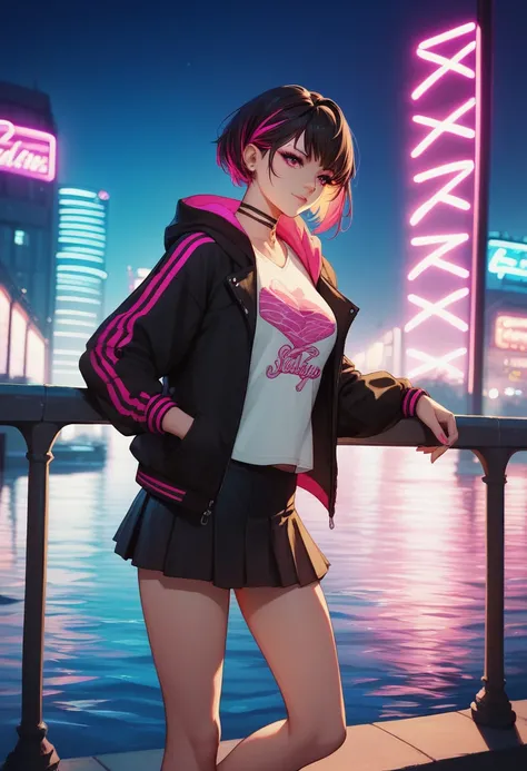 Sexy woman anime style,  neon lights over water, wearing a hoodie, with a skirt, standing on a bridge, neon colors in the sky, colors looked to be painted 