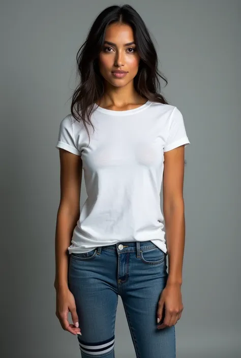 beautiful latin woman,  standing straight facing forward,with white t-shirt, denim jeans pants, on a greyish background, cotton t-shirt texture, fitted t-shirt, round neck, striped tights. Medium camera shot.