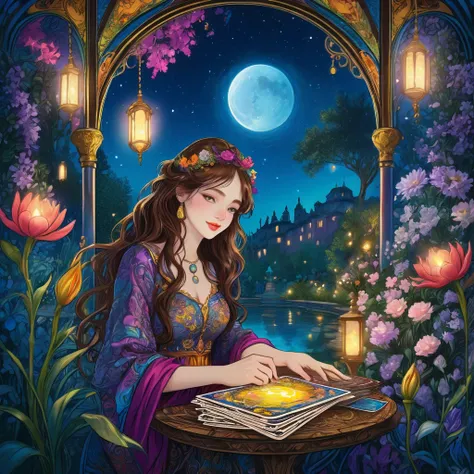 Tarot Cards, beautiful, a girl reading Tarot Cards,Smiling Girl,Beautiful fine details,Detailed lips,Tarot Cards,Ancient Tarot Decks,illustrated Tarot Cards,Vibrant colors,Mysterious atmosphere,Magic Garden,Flowers Bloom,moonlight,Night Sky,Soft glow,Artis...