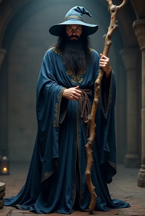 Create a young medieval wizard with a black beard and wearing a dark blue wizard&#39;s outfit and in his hand a wooden staff and on his head a wizard&#39;s hat