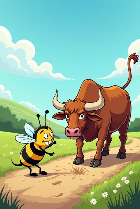 Create a cartoon drawing of a bee stinging a bull in the butt