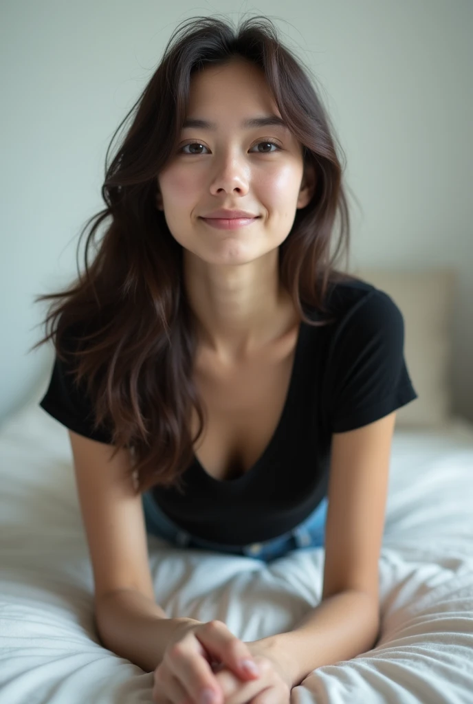 brunette, smile, flat chest, skinny face, white wall, no decoration, jean shorts, black t-shirt, lying on stomach on bed, looking at camera, photo from behind