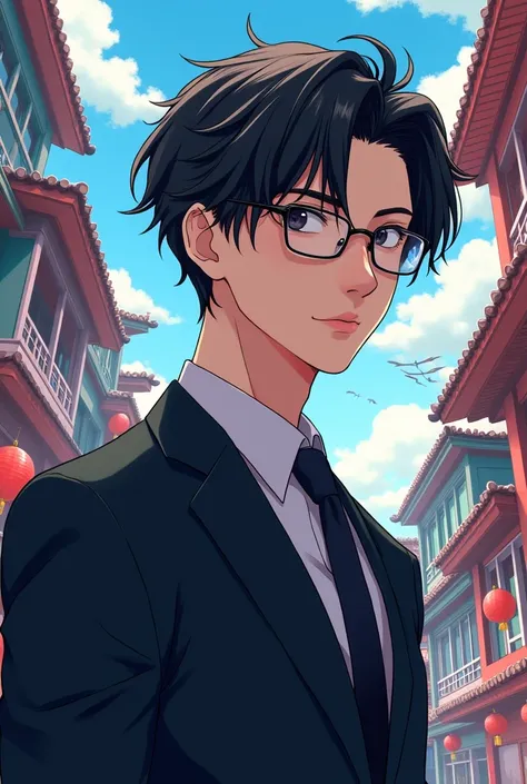 A Japanese businessman in his 20s wearing a black suit and glasses. The background is like a Japanese anime. The appearance is that of an older sister.